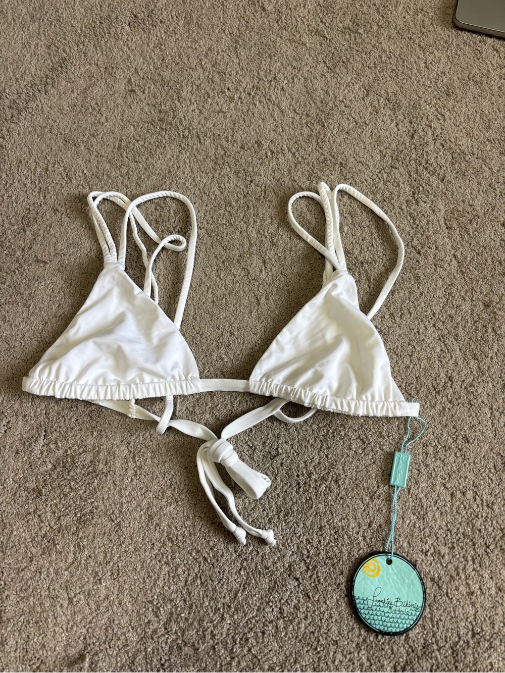 NWT Frankie's Bikinis White Triangle Tie Bikini Top